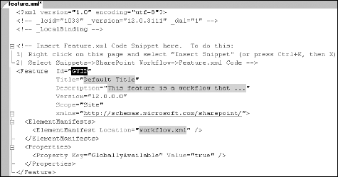 Feature.xml with the inserted snippet