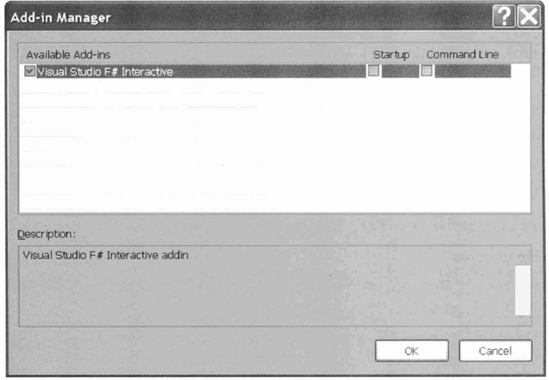 The Add-in Manager is used to provide the F# interactive mode.