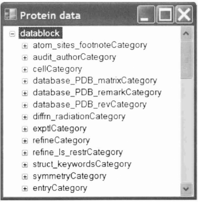 Using a Windows Forms TreeView control to visualize the contents of an XML document from the Protein Data Bank.