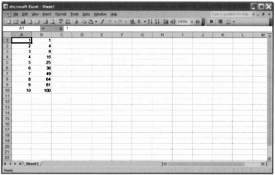 An Excel spreadsheet with cell values generated from a F# interactive session.