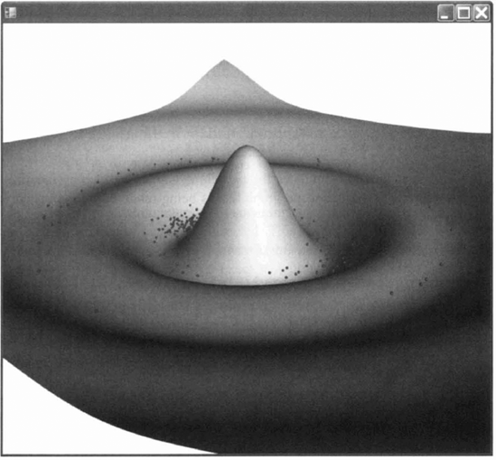 Real-time interactive simulation and visualization of non-interacting particles bouncing on a 3D surface.