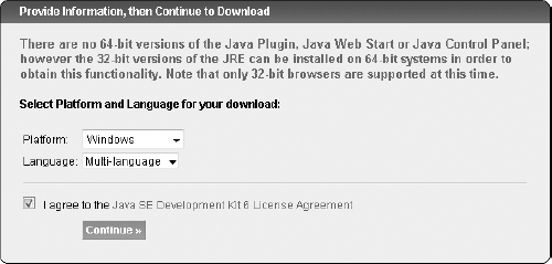 On the next page of the Java download Web site, select the Windows operating system and Multi-language options from the dropdown lists and click the check box to accept the license agreement.