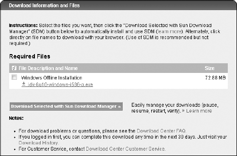 On the final page of the Java download Web site, click the Windows Offline Installation to download the installer.