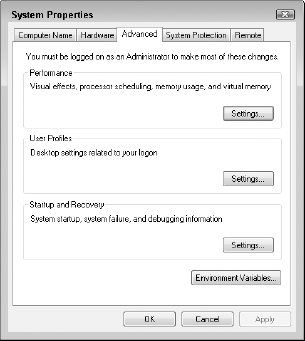 The Advanced tab in the System Properties dialog box is where you set necessary environment variables.