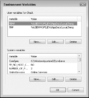 The Environment Variables dialog box. User variables are available only to the logged-in user, while System variables are globally available.