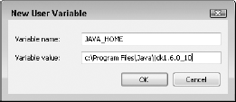 In the New User Variable dialog box, type JAVA_HOME in the Variable name text field and the full path to your JDK (C:Program FilesJavajdk1.6.0_10, for example) in the Variable value text field.