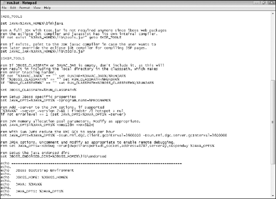 The run.bat file, which starts the JBoss server in Windows and contains arguments for the JVM that runs JBoss