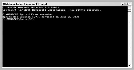 If Apache Ant is installed and configured correctly, running the ant command with the -version option should print a message similar to this.