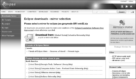 The list of mirror sites where Eclipse can be downloaded. Choose the one closest to you geographically.