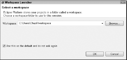 The Workspace Launcher dialog box allows you to choose a location for your Eclipse workspace and set that workspace as the default. The workspace contains Eclipse settings and properties. The default value is appropriate for most installations.