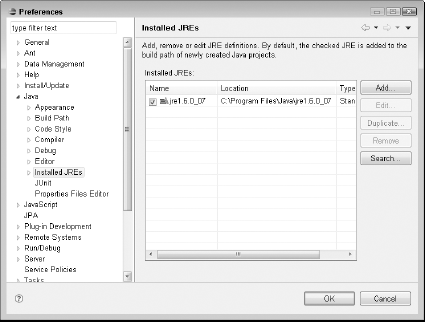 The expanded Java submenu with the Installed JREs item selected in the Preferences dialog box