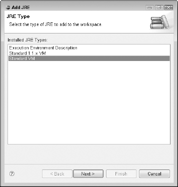 The first screen of the Add JRE wizard. Choose Standard VM from the dropdown list.