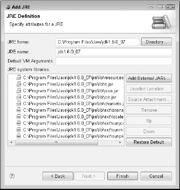 After you select your JDK installation directory in the second screen of the Add JRE wizard, the wizard automatically fills in the JRE name and JRE system libraries text fields for you.