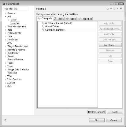 The expanded Ant submenu with the Runtime item selected in the Preferences dialog box. The Classpath tab is selected by default.