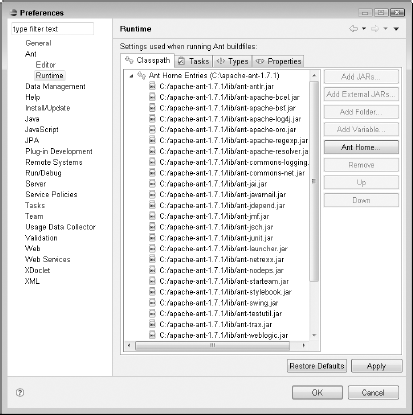 Once you've chosen your Ant installation directory in the Browse for Folder dialog box, Eclipse fills in the Ant Home Entries with the Ant installation's runtime JAR files.