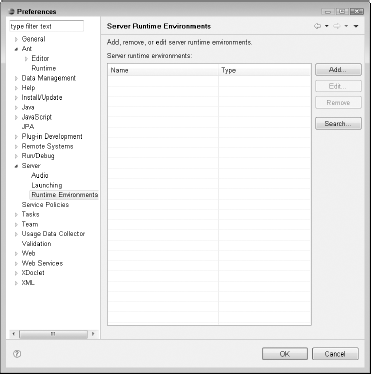 The expanded Server submenu in the Preferences dialog box, with the Runtime Environments item selected