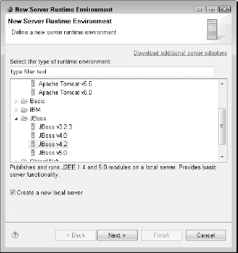 The New Server Runtime Environment wizard, with the JBoss v4.2 item selected