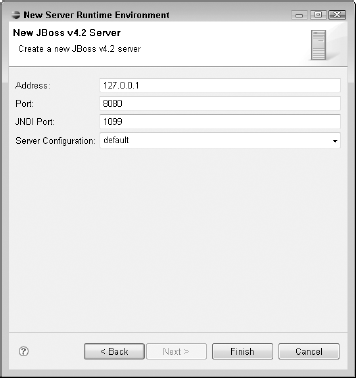 The default values for Address, Port, JNDI Port, and Server Configuration in the last screen of the New Server Runtime Environment wizard are fine as they are.
