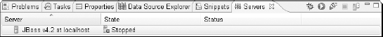 The Servers view showing the stopped JBoss server