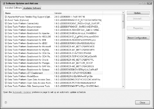 The Software Updates and Add-ons dialog box consists of two tabs. The Installed Software tab, selected by default, shows a list of currently installed features.