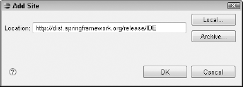 Type the URL for the Spring IDE update site in the Location text field of the Add Site dialog box.