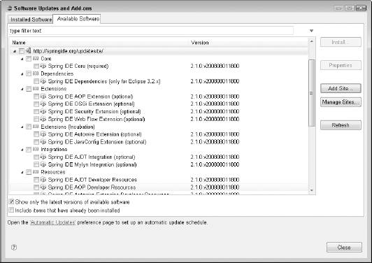 Once you provide Eclipse with the URL for the Spring IDE update site, it appears in the list of configured software update sites and expands to display the features available for installation.