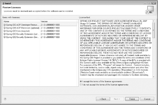 The Review Licenses screen displays the license agreements for the features you're installing. You can click each feature on the left side of the screen to display the license that applies to that feature.