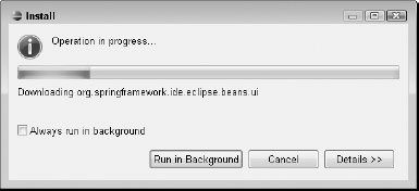 After you accept the license agreements, Eclipse displays the progress of the feature installation. After all features have been installed, you need to restart Eclipse to ensure that all features are available.