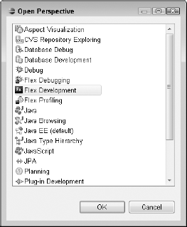 The Open Perspective dialog box allows you to choose a perspective for development. A perspective in Flex Builder and Eclipse is a context in which a certain kind of development (Java or Flex, for example) takes place.