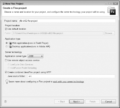 The New Flex Project wizard allows you to supply the settings for your new Flex project.