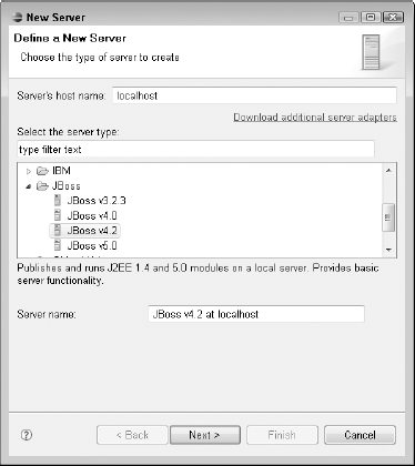 The New Server dialog box allows you to choose and configure a server setup for your projects.