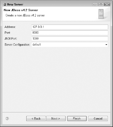 The second screen of the New JBoss v4.2 Runtime wizard contains settings for the address and port of your JBoss server.