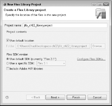The New Flex Library Project wizard contains the settings and configuration for creating a new Flex Library project.