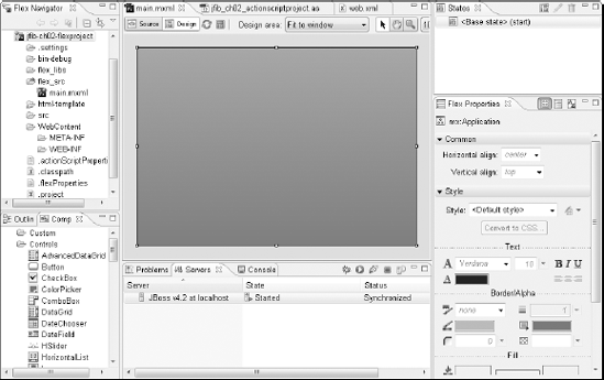 When you switch the Main.mxml editor from Source view to Design view, a number of other Flex views also open. The States view opens in the top-right corner, the Flex Properties view opens in the bottom-right corner, and the Components view opens in the bottom-left corner.