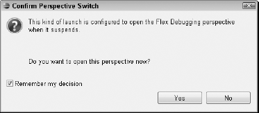 When a breakpoint is hit in your application, the Flex Debugging perspective is opened. If you've not previously debugged in Flex Builder, a dialog box opens, asking you to switch to this perspective.