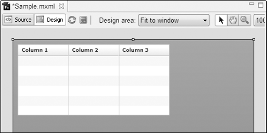 The DataGrid on the canvas in Design view