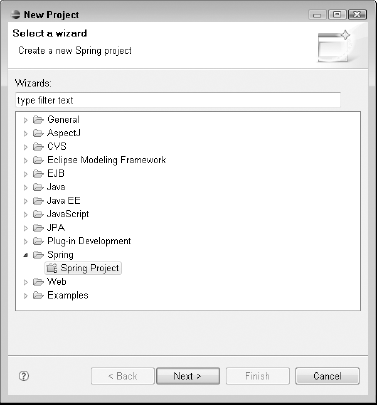 The New Project dialog box in Eclipse is the first step in creating a new project. Eclipse supports many different types of projects out of the box, and you can add more types by using plug-ins.