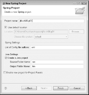 The New Spring Project dialog box contains settings for creating a new Spring project. The default values conform to standard Spring project development practices and shouldn't be changed for most applications.