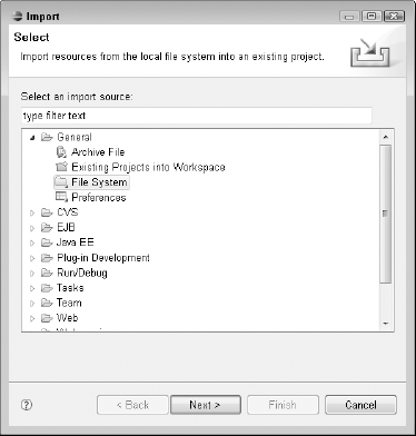 The Import dialog box allows you to import resources for your project from a variety of sources.