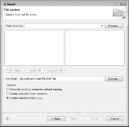 The Import dialog box lets you bring resources from your computer's file system into your project. Resources are copied from their original locations into your project's directory structure.