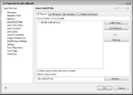 Choosing Java Build Path in the left pane of the Properties dialog box opens the Java Build Path tabbed section in the right pane.