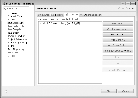 The JRE System Library from your installed JDK is automatically added to the JAR files and class folders list in the Library tab.