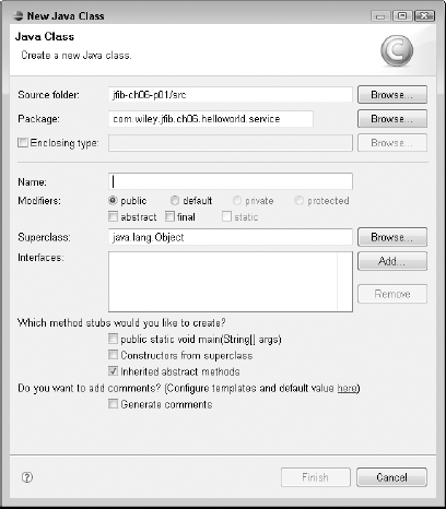 The New Java Class dialog box, with the Source folder and Package text fields already filled in with the correct values