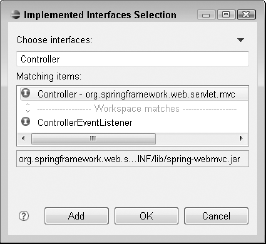 As you type in the Choose interfaces text field of the Implemented Interfaces Selection dialog box, the Matching items list begins to fill in with interfaces that match what you type.