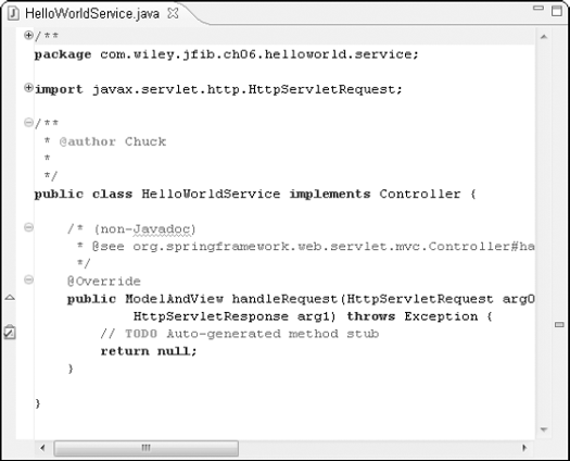 Once you've finished with the New Java Class dialog box, the newly created Java class stub is opened in the editor.
