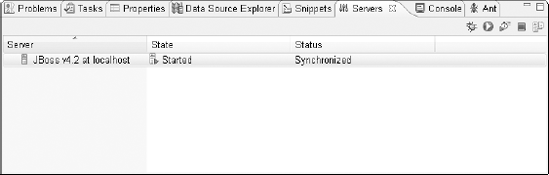 Once the JBoss server has started successfully, the Servers view shows its state as Started.