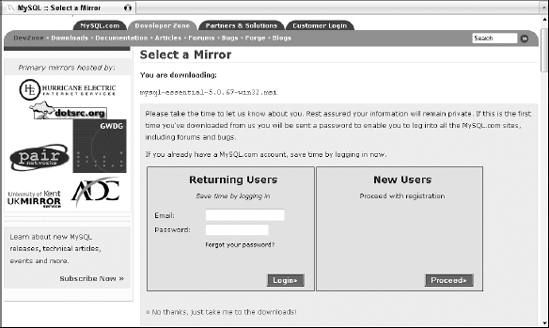 On the Select a Mirror screen, you're given the opportunity to register for an account on the MySQL Web site if you choose. For now, simply proceed with the download.