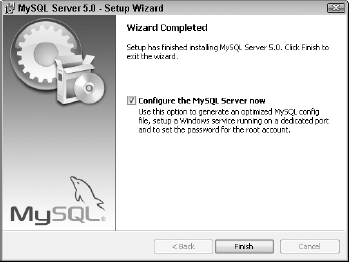 Once the installation has finished, the Wizard Completed screen offers you the chance to configure MySQL.