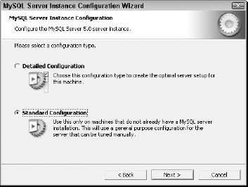 The MySQL Server Instance Configuration Wizard screen offers two choices for configuration. The Standard Configuration option is more appropriate here.