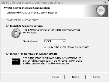 This screen allows you to install MySQL as a Windows service and add the path to the MySQL bin directory to the PATH environment variable. The defaults are fine for the first setting. The check box for the second setting isn't checked by default, but it's recommended that you also select this option.